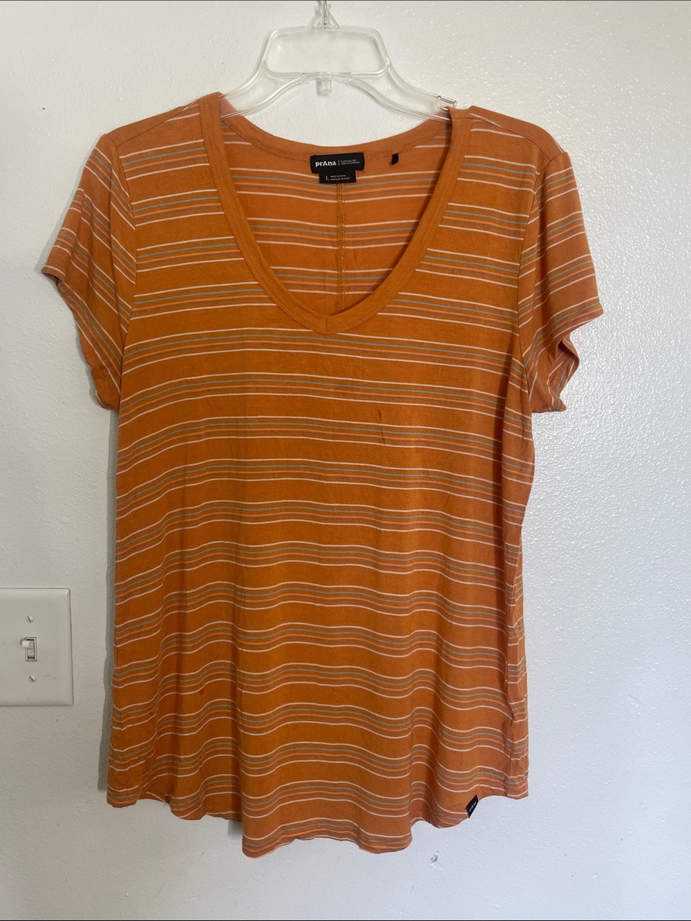 Prana Women's Rust Orange & White Striped V-Neck Tee